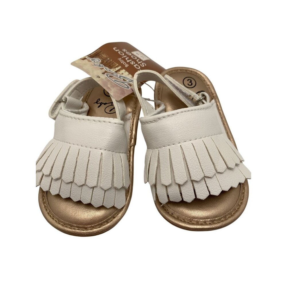 Baby White Fringe Sandals With Gold Soles Rubber Outsole Size 3 12-18 Months Adj